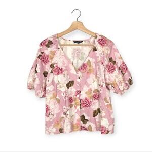 Portmans Pink Floral Print Linen Blend Button Front Blouse Size 10